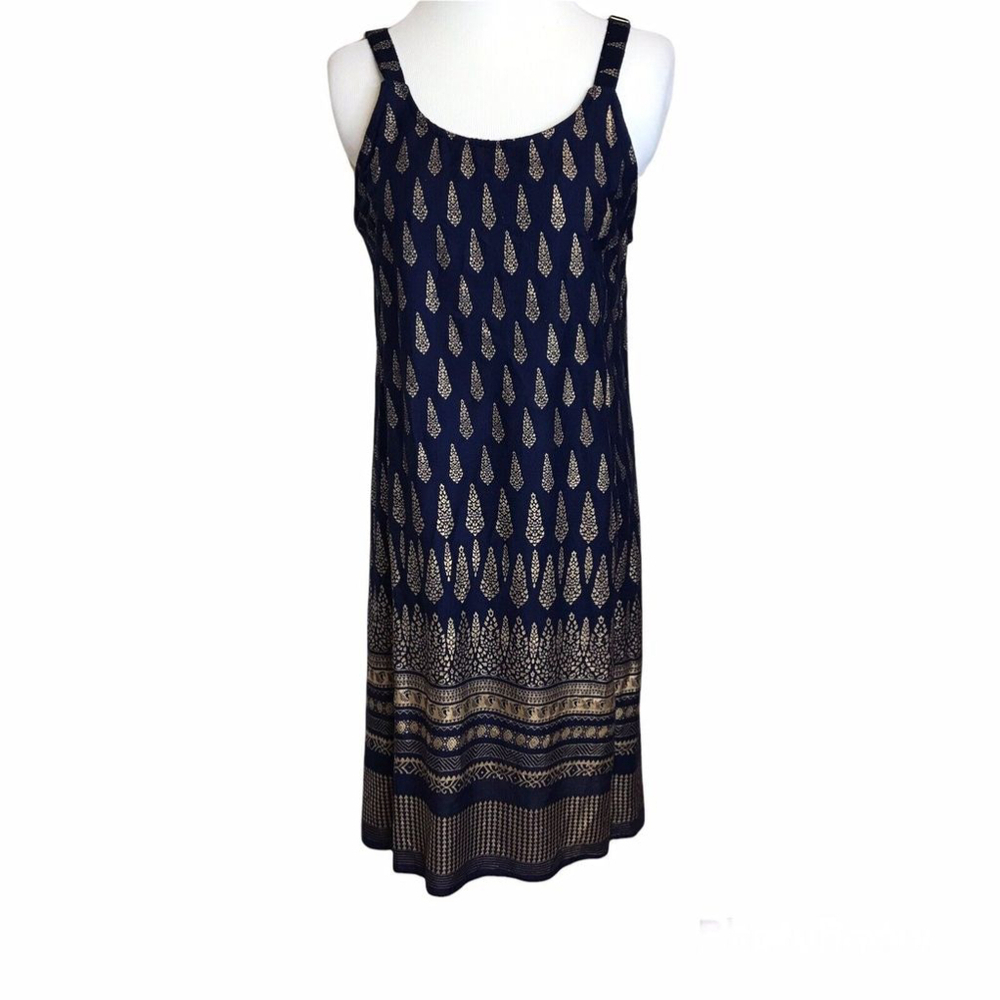 Navy Sleeveless Printed Slip Dress with Gold Accents